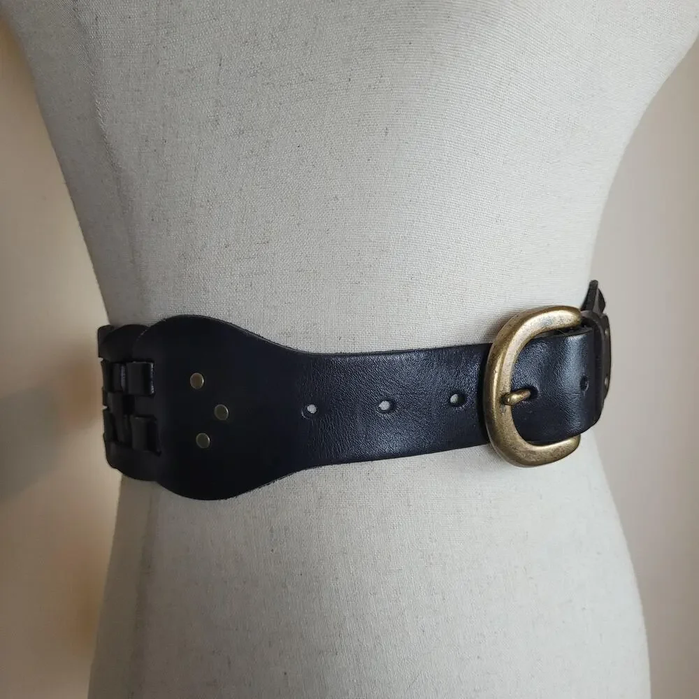 Gap Belt Womens Large Black Leather Wide Woven Plaited Waist Brass Buckle Boho